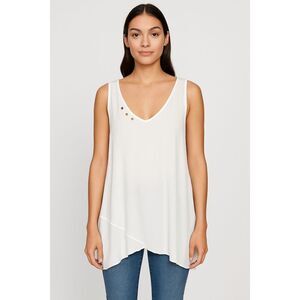 Hailey Lyn White Flowy Sleeveless V-Neck Top w/ Asymmetrical Hem, M